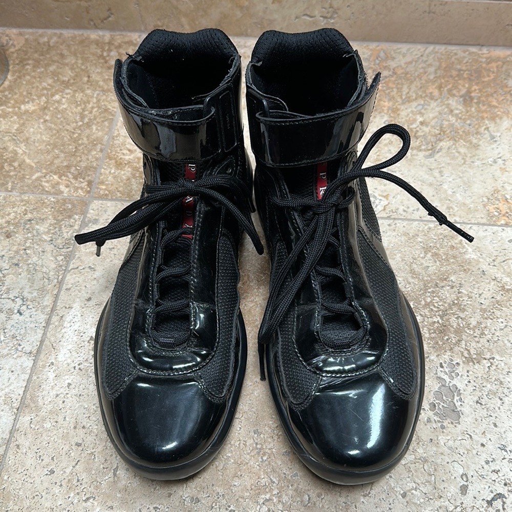 PRADA America’s Cup BLK patent hi tops. Gently used. Sz6 UK/US 7.5 Men.